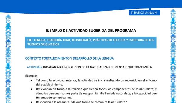 Actividad sugerida: LC02 - Mapuche - U4 - N°3: INDAGAN ALGUNOS ZUGUN DE LA NATURALEZA Y EL MENSAJE QUE TRANSMITEN. Actividad sugerida: LC02 - Mapuche - U4 - N°3: INDAGAN ALGUNOS ZUGUN DE LA NATURALEZA Y EL MENSAJE QUE TRANSMITEN.