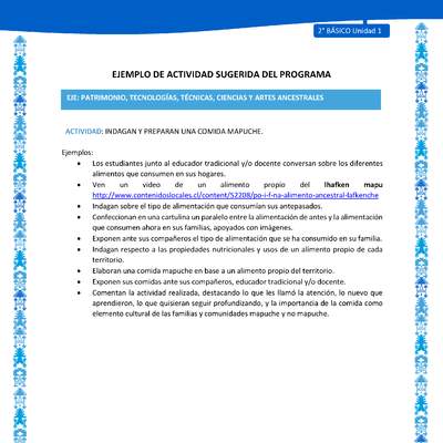 Actividad sugerida: LC02 - Mapuche - U1 - N°5: INDAGAN Y PREPARAN UNA COMIDA MAPUCHE. Actividad sugerida: LC02 - Mapuche - U1 - N°5: INDAGAN Y PREPARAN UNA COMIDA MAPUCHE.