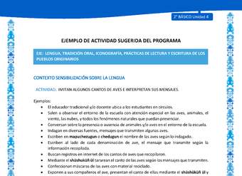 Actividad sugerida: LC02 - Mapuche - U4 - N°1: IMITAN ALGUNOS CANTOS DE AVES E INTERPRETAN SUS MENSAJES. Actividad sugerida: LC02 - Mapuche - U4 - N°1: IMITAN ALGUNOS CANTOS DE AVES E INTERPRETAN SUS MENSAJES.