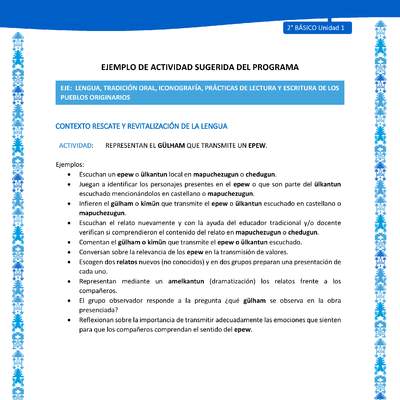 Actividad sugerida: LC02 - Mapuche - U1 - N°2: REPRESENTAN EL GÜLHAM QUE TRANSMITE UN EPEW. Actividad sugerida: LC02 - Mapuche - U1 - N°2: REPRESENTAN EL GÜLHAM QUE TRANSMITE UN EPEW.