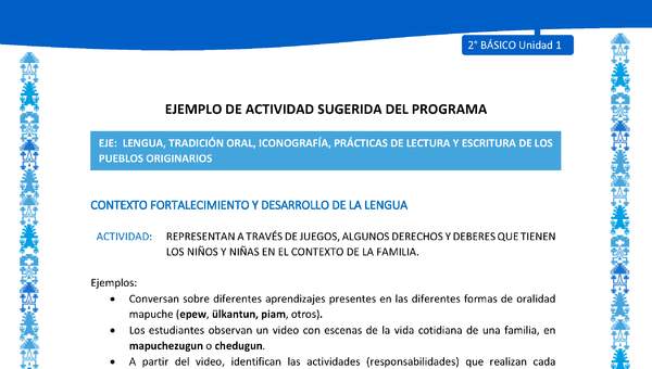 Actividad sugerida: LC02 - Mapuche - U1 - N°3: REPRESENTAN A TRAVÉS DE JUEGOS, ALGUNOS DERECHOS Y DEBERES QUE TIENEN LOS NIÑOS Y NIÑAS EN EL CONTEXTO DE LA FAMILIA. Actividad sugerida: LC02 - Mapuche - U1 - N°3: REPRESENTAN A TRAVÉS DE JUEGOS, ALGUNOS DERECHOS Y DEBERES QUE TIENEN LOS NIÑOS Y NIÑAS EN EL CONTEXTO DE LA FAMILIA.