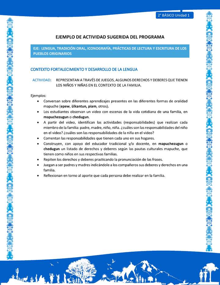 Actividad sugerida: LC02 - Mapuche - U1 - N°3: REPRESENTAN A TRAVÉS DE JUEGOS, ALGUNOS DERECHOS Y DEBERES QUE TIENEN LOS NIÑOS Y NIÑAS EN EL CONTEXTO DE LA FAMILIA. Actividad sugerida: LC02 - Mapuche - U1 - N°3: REPRESENTAN A TRAVÉS DE JUEGOS, ALGUNOS DERECHOS Y DEBERES QUE TIENEN LOS NIÑOS Y NIÑAS EN EL CONTEXTO DE LA FAMILIA.