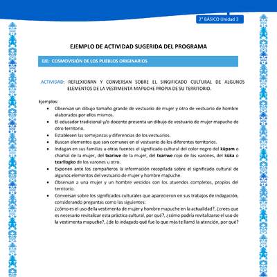 Actividad sugerida: LC02 - Mapuche - U3 - N°5: REFLEXIONAN Y CONVERSAN SOBRE EL SINGIFICADO CULTURAL DE ALGUNOS ELEMENTOS DE LA VESTIMENTA MAPUCHE PROPIA DE SU TERRITORIO. Actividad sugerida: LC02 - Mapuche - U3 - N°5: REFLEXIONAN Y CONVERSAN SOBRE EL SINGIFICADO CULTURAL DE ALGUNOS ELEMENTOS DE LA VESTIMENTA MAPUCHE PROPIA DE SU TERRITORIO.