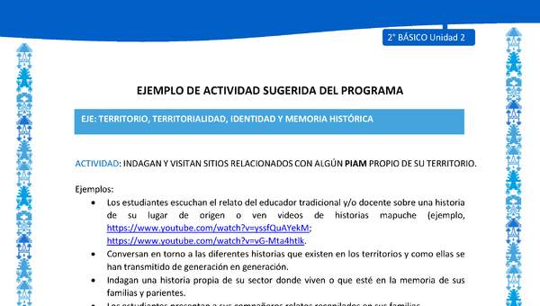 Actividad sugerida: LC02 - Mapuche - U2 - N°4: INDAGAN Y VISITAN SITIOS RELACIONADOS CON ALGÚN PIAM PROPIO DE SU TERRITORIO. Actividad sugerida: LC02 - Mapuche - U2 - N°4: INDAGAN Y VISITAN SITIOS RELACIONADOS CON ALGÚN PIAM PROPIO DE SU TERRITORIO.