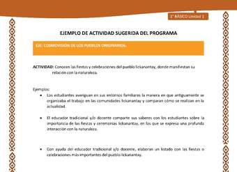Actividad sugerida: LC01 - Lickanantay - U1 - N°7:CONOCEN LAS FIESTAS Y CELEBRACIONES DEL PUEBLO LICKANANTAY, DONDE MANIFIESTAN SU RELACIÓN CON LA NATURALEZA. Actividad sugerida: LC01 - Lickanantay - U1 - N°7:CONOCEN LAS FIESTAS Y CELEBRACIONES DEL PUEBLO LICKANANTAY, DONDE MANIFIESTAN SU RELACIÓN CON LA NATURALEZA.