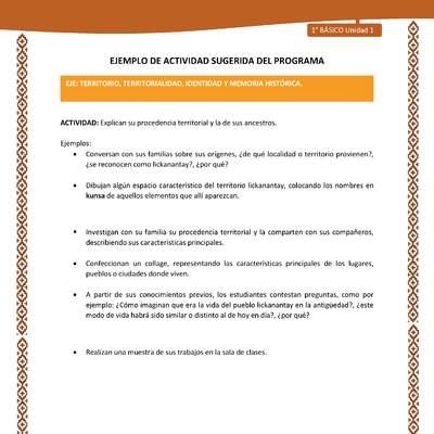 Actividad sugerida: LC01 - Lickanantay - U1 - N°5: EXPLICAN SU PROCEDENCIA TERRITORIAL Y LA DE SUS ANCESTROS Actividad sugerida: LC01 - Lickanantay - U1 - N°5: EXPLICAN SU PROCEDENCIA TERRITORIAL Y LA DE SUS ANCESTROS