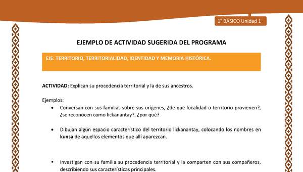 Actividad sugerida: LC01 - Lickanantay - U1 - N°5: EXPLICAN SU PROCEDENCIA TERRITORIAL Y LA DE SUS ANCESTROS Actividad sugerida: LC01 - Lickanantay - U1 - N°5: EXPLICAN SU PROCEDENCIA TERRITORIAL Y LA DE SUS ANCESTROS
