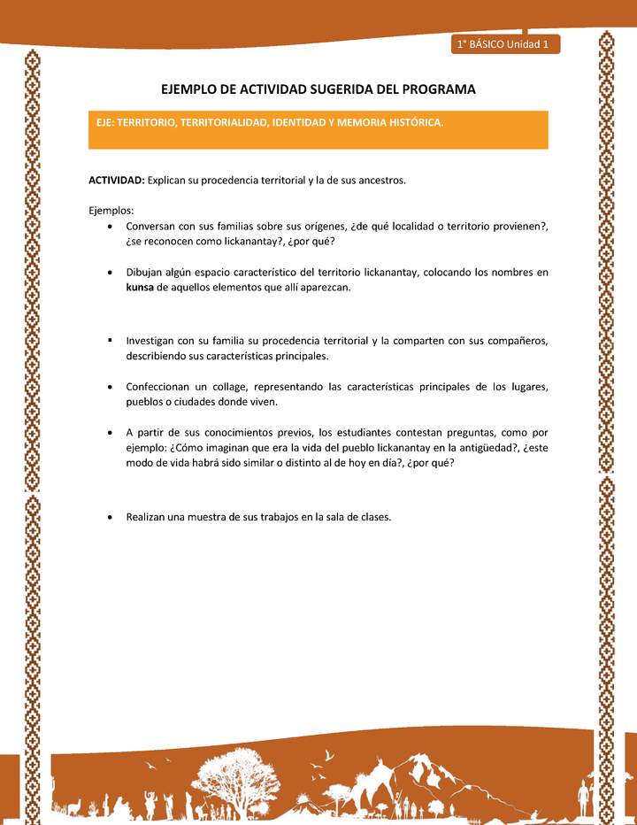 Actividad sugerida: LC01 - Lickanantay - U1 - N°5: EXPLICAN SU PROCEDENCIA TERRITORIAL Y LA DE SUS ANCESTROS Actividad sugerida: LC01 - Lickanantay - U1 - N°5: EXPLICAN SU PROCEDENCIA TERRITORIAL Y LA DE SUS ANCESTROS