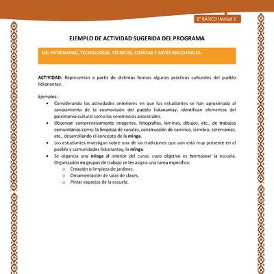 Actividad sugerida: LC01 - Lickanantay - U1 - N°10: REPRESENTAN A PARTIR DE DISTINTAS FORMAS ALGUNAS PRÁCTICAS CULTURALES DEL PUEBLO LICKANANTAY Actividad sugerida: LC01 - Lickanantay - U1 - N°10: REPRESENTAN A PARTIR DE DISTINTAS FORMAS ALGUNAS PRÁCTICAS CULTURALES DEL PUEBLO LICKANANTAY