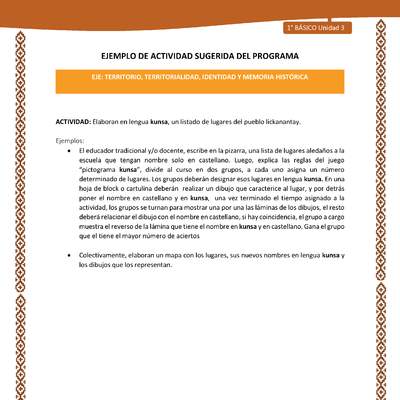 Actividad sugerida: LC01 - Lickanantay - U3 - N°4: ELABORAN EN LENGUA KUNSA, UN LISTADO DE LUGARES DEL PUEBLO LICKANANTAY. Actividad sugerida: LC01 - Lickanantay - U3 - N°4: ELABORAN EN LENGUA KUNSA, UN LISTADO DE LUGARES DEL PUEBLO LICKANANTAY.