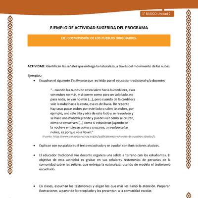 Actividad sugerida: LC01 - Lickanantay - U2 - N°6: IDENTIFICAN LAS SEÑALES QUE ENTREGA LA NATURALEZA, A TRAVÉS DEL MOVIMIENTO DE LAS NUBES. Actividad sugerida: LC01 - Lickanantay - U2 - N°6: IDENTIFICAN LAS SEÑALES QUE ENTREGA LA NATURALEZA, A TRAVÉS DEL MOVIMIENTO DE LAS NUBES.