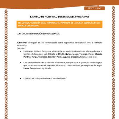 Actividad sugerida: LC01 - Lickanantay - U3 - N°2: AVERIGUAN EN SUS COMUNIDADES SOBRE TOPONIMIAS RELACIONADAS CON EL TERRITORIO LICKANANTAY. Actividad sugerida: LC01 - Lickanantay - U3 - N°2: AVERIGUAN EN SUS COMUNIDADES SOBRE TOPONIMIAS RELACIONADAS CON EL TERRITORIO LICKANANTAY.