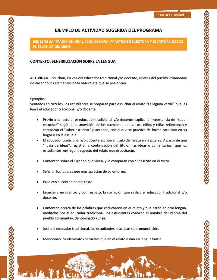 Actividad sugerida: LC01 - Lickanantay - U1 - N°1: ESCUCHAN, EN VOZ DEL EDUCADOR TRADICIONAL Y/O DOCENTE, RELATOS DEL PUEBLO LICKANANTAY DESTACANDO LOS ELEMENTOS DE LA NATURALEZA QUE SE PRESENTAN. Actividad sugerida: LC01 - Lickanantay - U1 - N°1: ESCUCHAN, EN VOZ DEL EDUCADOR TRADICIONAL Y/O DOCENTE, RELATOS DEL PUEBLO LICKANANTAY DESTACANDO LOS ELEMENTOS DE LA NATURALEZA QUE SE PRESENTAN.