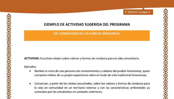 Actividad sugerida: LC01 - Lickanantay - U4 - N°4: ESCUCHAN RELATOS SOBRE VALORES Y FORMAS DE CONDUCTA PARA LA VIDA COMUNITARIA. Actividad sugerida: LC01 - Lickanantay - U4 - N°4: ESCUCHAN RELATOS SOBRE VALORES Y FORMAS DE CONDUCTA PARA LA VIDA COMUNITARIA.