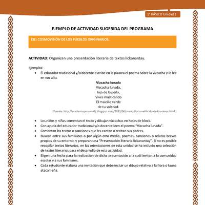 Actividad sugerida: LC01 - Lickanantay - U1 - N°8: ORGANIZAN UNA PRESENTACIÓN LITERARIA DE TEXTOS LICKANANTAY Actividad sugerida: LC01 - Lickanantay - U1 - N°8: ORGANIZAN UNA PRESENTACIÓN LITERARIA DE TEXTOS LICKANANTAY