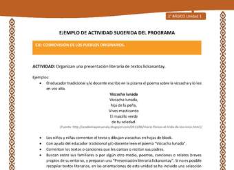 Actividad sugerida: LC01 - Lickanantay - U1 - N°8: ORGANIZAN UNA PRESENTACIÓN LITERARIA DE TEXTOS LICKANANTAY Actividad sugerida: LC01 - Lickanantay - U1 - N°8: ORGANIZAN UNA PRESENTACIÓN LITERARIA DE TEXTOS LICKANANTAY