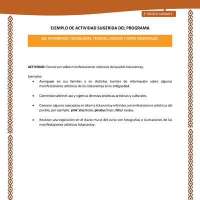 Actividad sugerida: LC01 - Lickanantay - U4 - N°5: CONVERSAN SOBRE MANIFESTACIONES ARTÍSTICAS DEL PUEBLO LICKANANTAY. Actividad sugerida: LC01 - Lickanantay - U4 - N°5: CONVERSAN SOBRE MANIFESTACIONES ARTÍSTICAS DEL PUEBLO LICKANANTAY.
