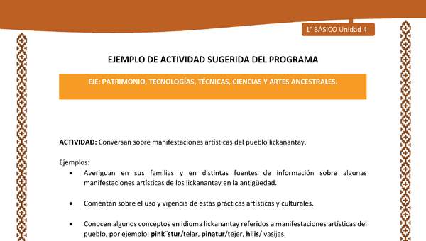 Actividad sugerida: LC01 - Lickanantay - U4 - N°5: CONVERSAN SOBRE MANIFESTACIONES ARTÍSTICAS DEL PUEBLO LICKANANTAY. Actividad sugerida: LC01 - Lickanantay - U4 - N°5: CONVERSAN SOBRE MANIFESTACIONES ARTÍSTICAS DEL PUEBLO LICKANANTAY.