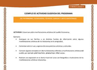 Actividad sugerida: LC01 - Lickanantay - U4 - N°5: CONVERSAN SOBRE MANIFESTACIONES ARTÍSTICAS DEL PUEBLO LICKANANTAY. Actividad sugerida: LC01 - Lickanantay - U4 - N°5: CONVERSAN SOBRE MANIFESTACIONES ARTÍSTICAS DEL PUEBLO LICKANANTAY.