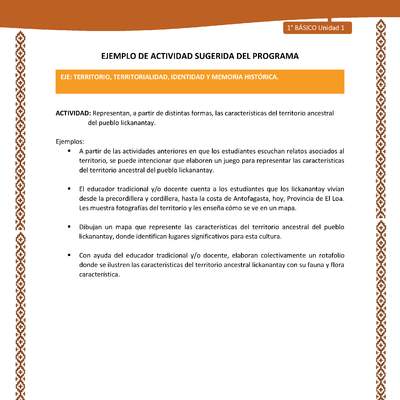 Actividad sugerida: LC01 - Lickanantay - U1 - N°6: REPRESENTAN, A PARTIR DE DISTINTAS FORMAS, LAS CARACTERÍSTICAS DEL TERRITORIO ANCESTRAL DEL PUEBLO LICKANANTAY. Actividad sugerida: LC01 - Lickanantay - U1 - N°6: REPRESENTAN, A PARTIR DE DISTINTAS FORMAS, LAS CARACTERÍSTICAS DEL TERRITORIO ANCESTRAL DEL PUEBLO LICKANANTAY.