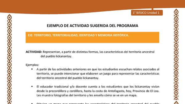 Actividad sugerida: LC01 - Lickanantay - U1 - N°6: REPRESENTAN, A PARTIR DE DISTINTAS FORMAS, LAS CARACTERÍSTICAS DEL TERRITORIO ANCESTRAL DEL PUEBLO LICKANANTAY. Actividad sugerida: LC01 - Lickanantay - U1 - N°6: REPRESENTAN, A PARTIR DE DISTINTAS FORMAS, LAS CARACTERÍSTICAS DEL TERRITORIO ANCESTRAL DEL PUEBLO LICKANANTAY.