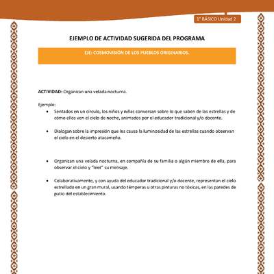 Actividad sugerida: LC01 - Lickanantay - U2 - N°7: ORGANIZAN UNA VELADA NOCTURNA. Actividad sugerida: LC01 - Lickanantay - U2 - N°7: ORGANIZAN UNA VELADA NOCTURNA.