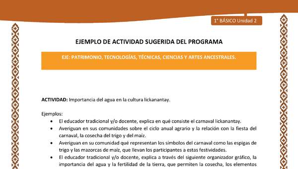Actividad sugerida: LC01 - Lickanantay - U2 - N°9: IMPORTANCIA DEL AGUA EN LA CULTURA LICKANANTAY. Actividad sugerida: LC01 - Lickanantay - U2 - N°9: IMPORTANCIA DEL AGUA EN LA CULTURA LICKANANTAY.
