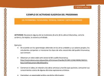 Actividad sugerida: LC02 - Lickanantay - U3 - N°7: RECONOCEN ALGUNAS DE LAS TRADICIONES DE ARTE DE LA CULTURA LICKANANTAY, COMO LA CERÁMICA, LOS TEJIDOS, LA CESTERÍA Y EL TALLADO. Actividad sugerida: LC02 - Lickanantay - U3 - N°7: RECONOCEN ALGUNAS DE LAS TRADICIONES DE ARTE DE LA CULTURA LICKANANTAY, COMO LA CERÁMICA, LOS TEJIDOS, LA CESTERÍA Y EL TALLADO.