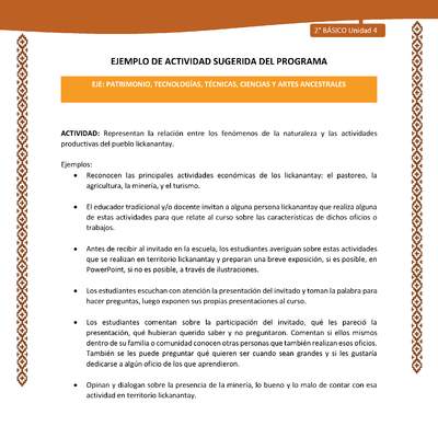 Actividad sugerida: LC02 - Lickanantay - U4 - N°7: REPRESENTAN LA RELACIÓN ENTRE LOS FENÓMENOS DE LA NATURALEZA Y LAS ACTIVIDADES PRODUCTIVAS DEL PUEBLO LICKANANTAY. Actividad sugerida: LC02 - Lickanantay - U4 - N°7: REPRESENTAN LA RELACIÓN ENTRE LOS FENÓMENOS DE LA NATURALEZA Y LAS ACTIVIDADES PRODUCTIVAS DEL PUEBLO LICKANANTAY.
