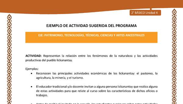 Actividad sugerida: LC02 - Lickanantay - U4 - N°7: REPRESENTAN LA RELACIÓN ENTRE LOS FENÓMENOS DE LA NATURALEZA Y LAS ACTIVIDADES PRODUCTIVAS DEL PUEBLO LICKANANTAY. Actividad sugerida: LC02 - Lickanantay - U4 - N°7: REPRESENTAN LA RELACIÓN ENTRE LOS FENÓMENOS DE LA NATURALEZA Y LAS ACTIVIDADES PRODUCTIVAS DEL PUEBLO LICKANANTAY.
