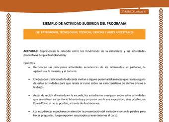 Actividad sugerida: LC02 - Lickanantay - U4 - N°7: REPRESENTAN LA RELACIÓN ENTRE LOS FENÓMENOS DE LA NATURALEZA Y LAS ACTIVIDADES PRODUCTIVAS DEL PUEBLO LICKANANTAY. Actividad sugerida: LC02 - Lickanantay - U4 - N°7: REPRESENTAN LA RELACIÓN ENTRE LOS FENÓMENOS DE LA NATURALEZA Y LAS ACTIVIDADES PRODUCTIVAS DEL PUEBLO LICKANANTAY.
