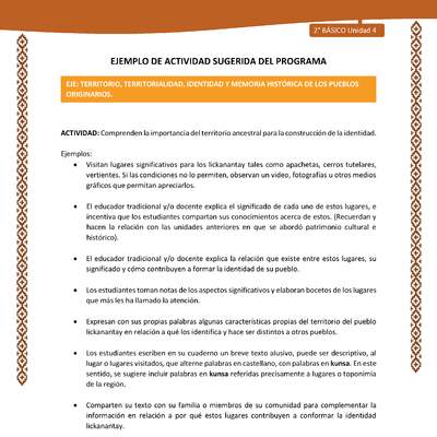 Actividad sugerida: LC02 - Lickanantay - U4 - N°3: COMPRENDEN LA IMPORTANCIA DEL TERRITORIO ANCESTRAL PARA LA CONSTRUCCIÓN DE LA IDENTIDAD. Actividad sugerida: LC02 - Lickanantay - U4 - N°3: COMPRENDEN LA IMPORTANCIA DEL TERRITORIO ANCESTRAL PARA LA CONSTRUCCIÓN DE LA IDENTIDAD.