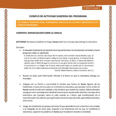 Actividad sugerida: LC02 - Lickanantay - U4 - N°2: RECONOCEN PALABRAS EN LENGUA KUNSA SOBRE LOS MENSAJES QUE ENTREGA LA NATURALEZA. Actividad sugerida: LC02 - Lickanantay - U4 - N°2: RECONOCEN PALABRAS EN LENGUA KUNSA SOBRE LOS MENSAJES QUE ENTREGA LA NATURALEZA.
