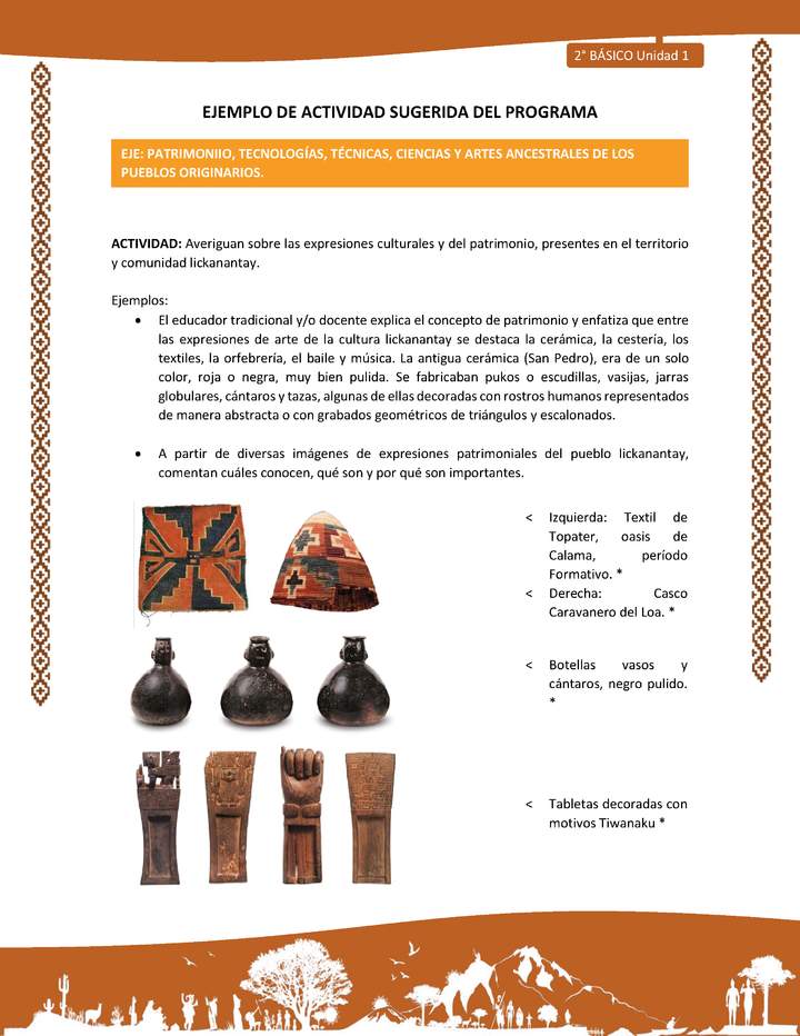 Actividad sugerida: LC02 - Lickanantay - U1 - N°10: AVERIGUAN SOBRE LAS EXPRESIONES CULTURALES Y DEL PATRIMONIO, PRESENTES EN EL TERRITORIO Y COMUNIDAD LICKANANTAY. Actividad sugerida: LC02 - Lickanantay - U1 - N°10: AVERIGUAN SOBRE LAS EXPRESIONES CULTURALES Y DEL PATRIMONIO, PRESENTES EN EL TERRITORIO Y COMUNIDAD LICKANANTAY.
