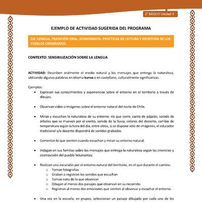 Actividad sugerida: LC02 - Lickanantay - U4 - N°1: DESCRIBEN ORALMENTE EL MEDIO NATURAL Y LOS MENSAJES QUE ENTREGA LA NATURALEZA, UTILIZANDO ALGUNAS PALABRAS EN IDIOMA KUNSA O EN CASTELLANO, CULTURALMENTE SIGNIFICATIVAS. Actividad sugerida: LC02 - Lickanantay - U4 - N°1: DESCRIBEN ORALMENTE EL MEDIO NATURAL Y LOS MENSAJES QUE ENTREGA LA NATURALEZA, UTILIZANDO ALGUNAS PALABRAS EN IDIOMA KUNSA O EN CASTELLANO, CULTURALMENTE SIGNIFICATIVAS.