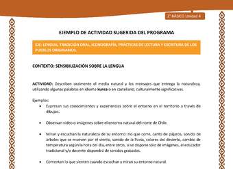 Actividad sugerida: LC02 - Lickanantay - U4 - N°1: DESCRIBEN ORALMENTE EL MEDIO NATURAL Y LOS MENSAJES QUE ENTREGA LA NATURALEZA, UTILIZANDO ALGUNAS PALABRAS EN IDIOMA KUNSA O EN CASTELLANO, CULTURALMENTE SIGNIFICATIVAS. Actividad sugerida: LC02 - Lickanantay - U4 - N°1: DESCRIBEN ORALMENTE EL MEDIO NATURAL Y LOS MENSAJES QUE ENTREGA LA NATURALEZA, UTILIZANDO ALGUNAS PALABRAS EN IDIOMA KUNSA O EN CASTELLANO, CULTURALMENTE SIGNIFICATIVAS.