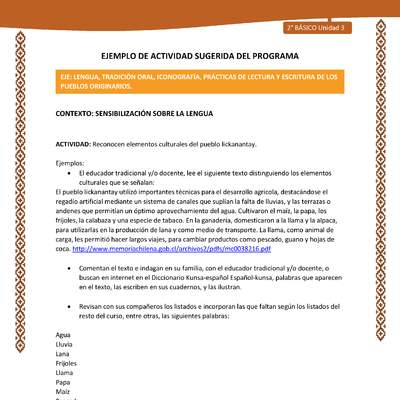 Actividad sugerida: LC02 - Lickanantay - U3 - N°2: RECONOCEN ELEMENTOS CULTURALES DEL PUEBLO LICKANANTAY. Actividad sugerida: LC02 - Lickanantay - U3 - N°2: RECONOCEN ELEMENTOS CULTURALES DEL PUEBLO LICKANANTAY.