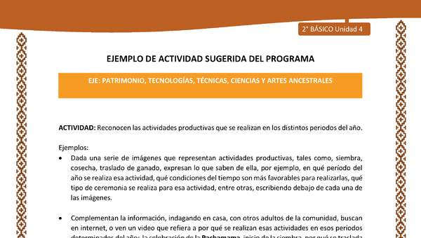 Actividad sugerida: LC02 - Lickanantay - U4 - N°6: RECONOCEN LAS ACTIVIDADES PRODUCTIVAS QUE SE REALIZAN EN LOS DISTINTOS PERIODOS DEL AÑO. Actividad sugerida: LC02 - Lickanantay - U4 - N°6: RECONOCEN LAS ACTIVIDADES PRODUCTIVAS QUE SE REALIZAN EN LOS DISTINTOS PERIODOS DEL AÑO.