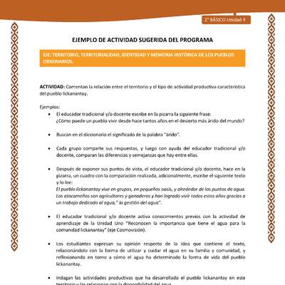 Actividad sugerida: LC02 - Lickanantay - U4 - N°4: COMPRENDEN LA IMPORTANCIA DEL TERRITORIO ANCESTRAL PARA LA CONSTRUCCIÓN DE LA IDENTIDAD. Actividad sugerida: LC02 - Lickanantay - U4 - N°4: COMPRENDEN LA IMPORTANCIA DEL TERRITORIO ANCESTRAL PARA LA CONSTRUCCIÓN DE LA IDENTIDAD.