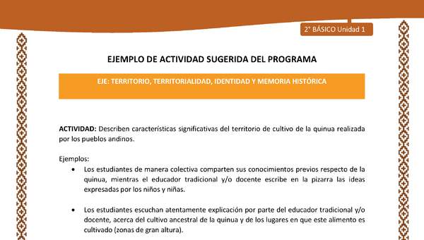 Actividad sugerida: LC02 - Lickanantay - U1 - N°6: DESCRIBEN CARACTERÍSTICAS SIGNIFICATIVAS DEL TERRITORIO DE CULTIVO DE LA QUINUA REALIZADA POR LOS PUEBLOS ANDINOS. Actividad sugerida: LC02 - Lickanantay - U1 - N°6: DESCRIBEN CARACTERÍSTICAS SIGNIFICATIVAS DEL TERRITORIO DE CULTIVO DE LA QUINUA REALIZADA POR LOS PUEBLOS ANDINOS.