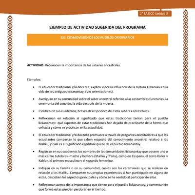 Actividad sugerida: LC02 - Lickanantay - U3 - N°5: RECONOCEN LA IMPORTANCIA DE LOS SABERES ANCESTRALES. Actividad sugerida: LC02 - Lickanantay - U3 - N°5: RECONOCEN LA IMPORTANCIA DE LOS SABERES ANCESTRALES.