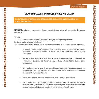 Actividad sugerida: LC02 - Lickanantay - U1 - N°12: INDAGAN Y COMPARTEN ALGUNOS CONOCIMIENTOS SOBRE EL PATRIMONIO DEL PUEBLO LICKANANTAY. Actividad sugerida: LC02 - Lickanantay - U1 - N°12: INDAGAN Y COMPARTEN ALGUNOS CONOCIMIENTOS SOBRE EL PATRIMONIO DEL PUEBLO LICKANANTAY.
