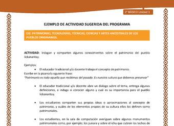 Actividad sugerida: LC02 - Lickanantay - U1 - N°12: INDAGAN Y COMPARTEN ALGUNOS CONOCIMIENTOS SOBRE EL PATRIMONIO DEL PUEBLO LICKANANTAY. Actividad sugerida: LC02 - Lickanantay - U1 - N°12: INDAGAN Y COMPARTEN ALGUNOS CONOCIMIENTOS SOBRE EL PATRIMONIO DEL PUEBLO LICKANANTAY.
