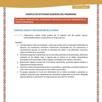 Actividad sugerida Nº 6 - LC02 - AYM-U1-06-2B-LR-Representan relatos orales propios de la tradición oral del pueblo aymara, reconociendo palabras y expresiones en lengua aymara. Actividad sugerida Nº 6 - LC02 - AYM-U1-06-2B-LR-Representan relatos orales propios de la tradición oral del pueblo aymara, reconociendo palabras y expresiones en lengua aymara.