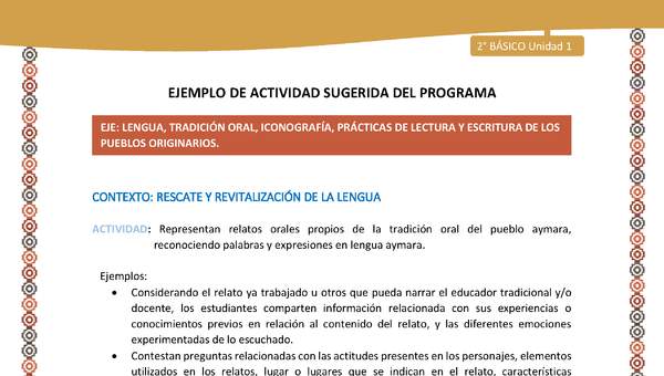 Actividad sugerida Nº 6 - LC02 - AYM-U1-06-2B-LR-Representan relatos orales propios de la tradición oral del pueblo aymara, reconociendo palabras y expresiones en lengua aymara. Actividad sugerida Nº 6 - LC02 - AYM-U1-06-2B-LR-Representan relatos orales propios de la tradición oral del pueblo aymara, reconociendo palabras y expresiones en lengua aymara.