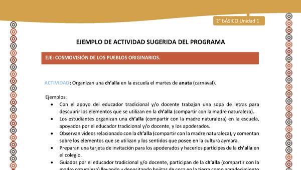Actividad sugerida Nº 15 - LC01 - LS -16-AYM-U1-15-2B-ECO-Organizan una ch’alla en la escuela el martes de anata (carnaval). Actividad sugerida Nº 15 - LC01 - LS -16-AYM-U1-15-2B-ECO-Organizan una ch’alla en la escuela el martes de anata (carnaval).