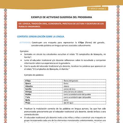 Actividad sugerida Nº 3 - LC02 - LS -AYM-U1-03-2B-LS-Construyen una maqueta para representar la k’illpa (floreo) del ganado, considerando palabras en lengua aymara asociadas culturalmente. Actividad sugerida Nº 3 - LC02 - LS -AYM-U1-03-2B-LS-Construyen una maqueta para representar la k’illpa (floreo) del ganado, considerando palabras en lengua aymara asociadas culturalmente.