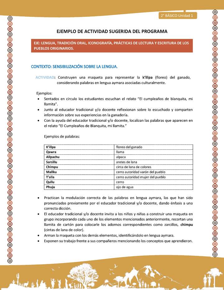 Actividad sugerida Nº 3 - LC02 - LS -AYM-U1-03-2B-LS-Construyen una maqueta para representar la k’illpa (floreo) del ganado, considerando palabras en lengua aymara asociadas culturalmente. Actividad sugerida Nº 3 - LC02 - LS -AYM-U1-03-2B-LS-Construyen una maqueta para representar la k’illpa (floreo) del ganado, considerando palabras en lengua aymara asociadas culturalmente.