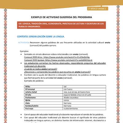 Actividad sugerida Nº 2 - LC02 -AYM-U1-02-2B-LS-Reconocen algunas palabras de uso frecuente utilizadas en la actividad cultural anata (carnaval) del pueblo aymara. Actividad sugerida Nº 2 - LC02 -AYM-U1-02-2B-LS-Reconocen algunas palabras de uso frecuente utilizadas en la actividad cultural anata (carnaval) del pueblo aymara.