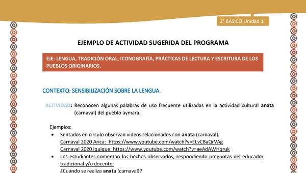 Actividad sugerida Nº 2 - LC02 -AYM-U1-02-2B-LS-Reconocen algunas palabras de uso frecuente utilizadas en la actividad cultural anata (carnaval) del pueblo aymara. Actividad sugerida Nº 2 - LC02 -AYM-U1-02-2B-LS-Reconocen algunas palabras de uso frecuente utilizadas en la actividad cultural anata (carnaval) del pueblo aymara.